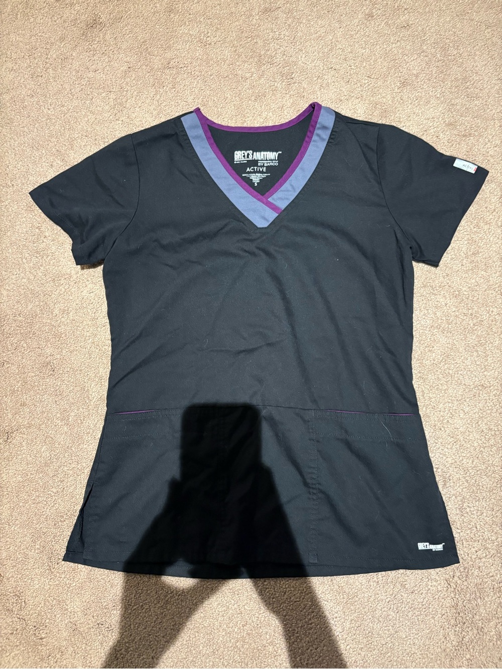 Barco Grey's Anatomy Active Women's Black V-Neck Scrub Top with Purple Trim